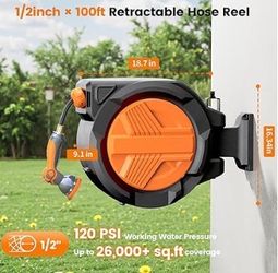 Retractable Garden Hose Reel 1/2” x 100ft, Auto Rewind Hose Reels for Outside, Heavy-Duty Wall-Mounted Outdoor Hose, 10-Mode Nozzle, Adjustable Length