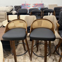 30" Swivel Rattan Bar Stools Set of 2,Mid-Century Modern Black Faux Leather Upholstered Counter Height Stools,Kitchen Island Barstool with Rattan Low 