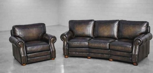 100% TOP GRAIN LEATHER - CONVERSATION SOFA & CHAIR - LIKE NEW