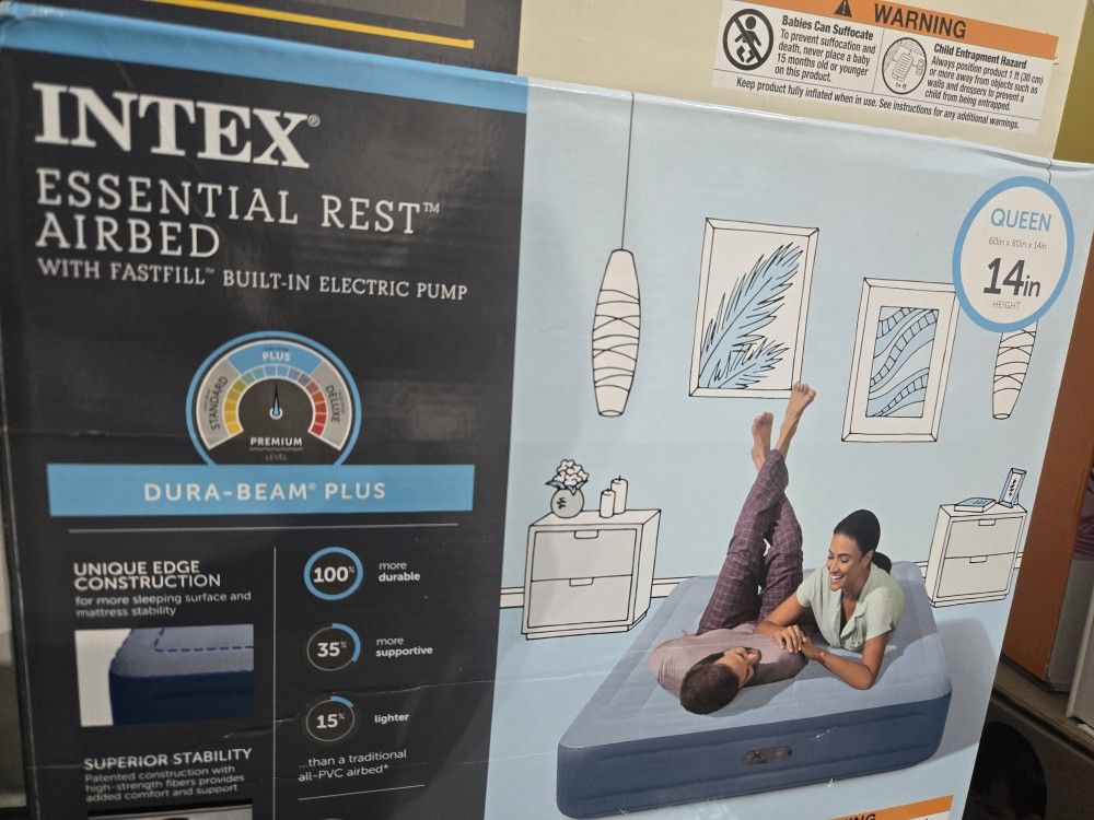 Intex Essential Rest Queen Airbed w/ Built-in Pump – New! + Free Gift!