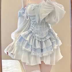 2025 Summer Blue Lolita Clothing Suit Slim Vest + Kawaii Y2k Mini Dress Elegant Short Party Dress