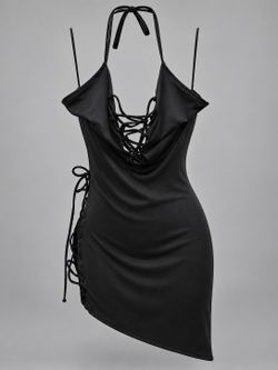 Mapalé Black Lace-Up Halter Mini Dress L/XL NWT