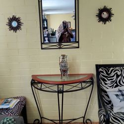 Glass Walnut Wrought Iron Entry Table, With Matching Mirror