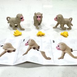 Baboon (gray monkey) + Bananas (Gumi Yum Surprise - Widlife) Collectible Animal Figurine / Puzzle Toy — with instructions