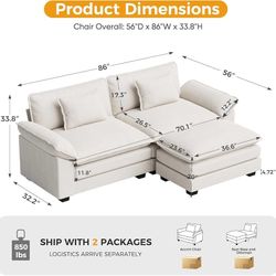86" L Shaped Modular Sectional Cloud Couch with Ottoman, 3-Seats Velvet Upgraded Comfy Deep Seat Upholstered Modern Sofa, Easy Assembly for Living Roo