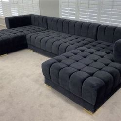 Lipa Black Velvet Double Chaise "U" Shape Sectional Sofa