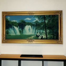 Framed Waterfall Landscape Painting with Pandas