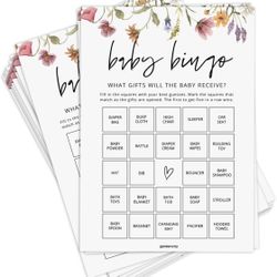 Baby Bingo, Fun Baby Shower Games for Girl (50 Unique Cards), Pre-Filled, Perforated Calling Cards, Gender Neutral (Wildflower)