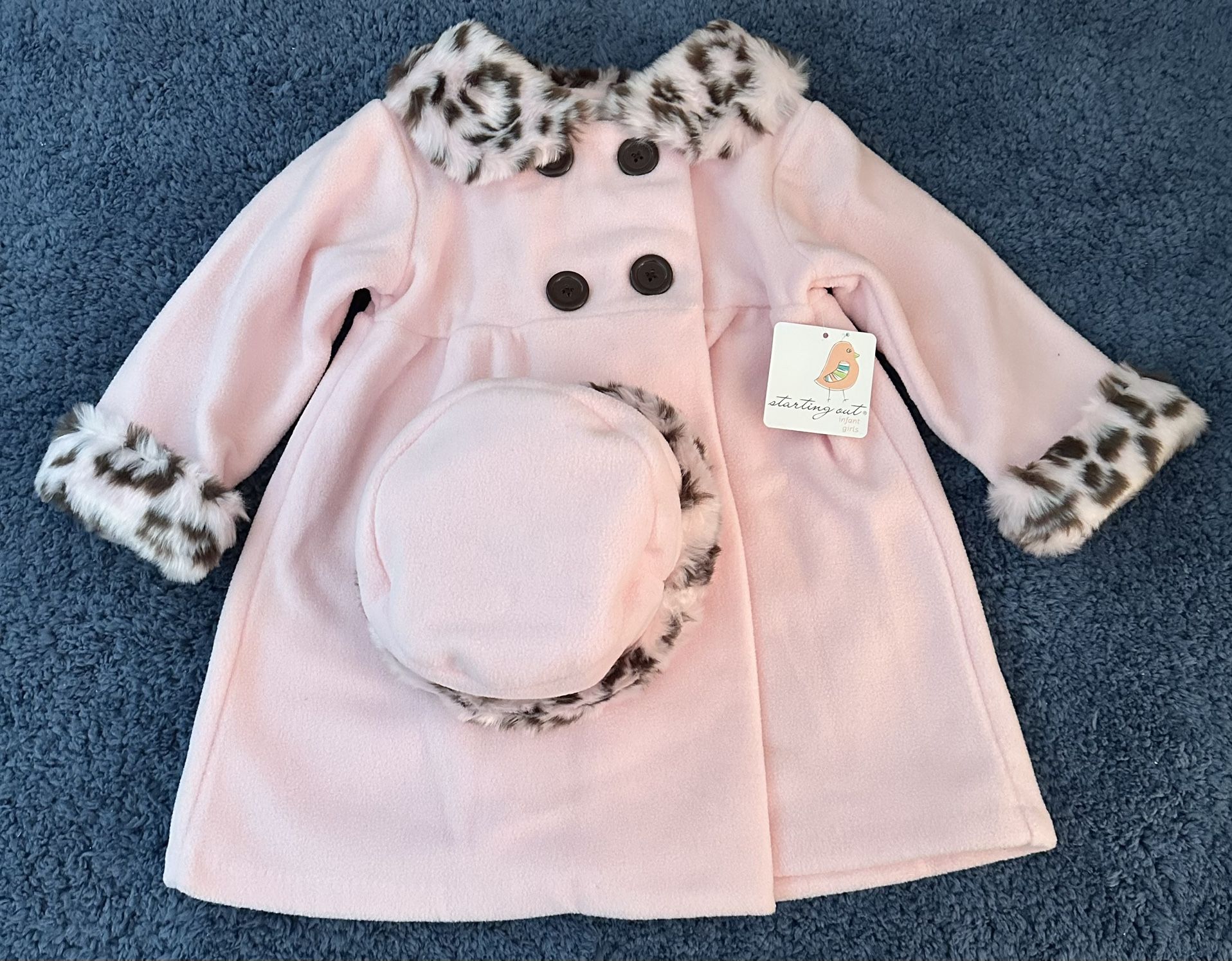 Starting Out Baby Girl 24M Pink/Faux Fur Trim 4-Button Front Coat w/ Hat NWT