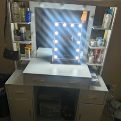 Makeup Vanity With Custom Gold Mirrors And Gold Hardware 