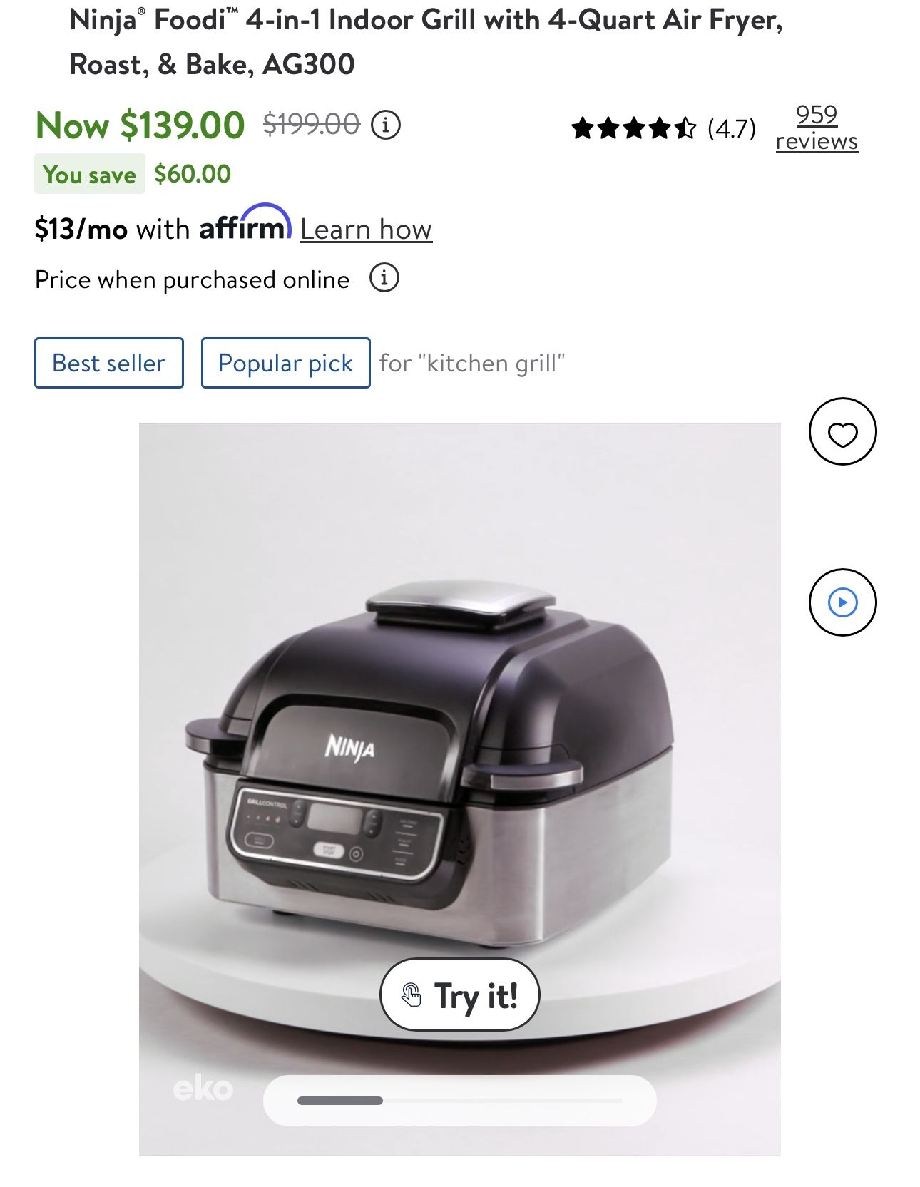 Ninja Foodi 4-in-1 Indoor Grill with 4-Quart Air Fryer, Roast, & Bake,  AG300 for Sale in Navarre, FL - OfferUp