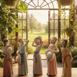 Rare Retired Lladró “Girls with Hats ’n Bows” Complete Set of 5 Porcelain Figurines – Mint Condition Collectibles!