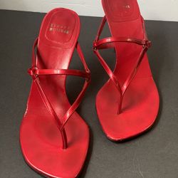 Stuart Weitzman Hot Red High Heel Strappy Sandals With Leather Soles- 6 1/2