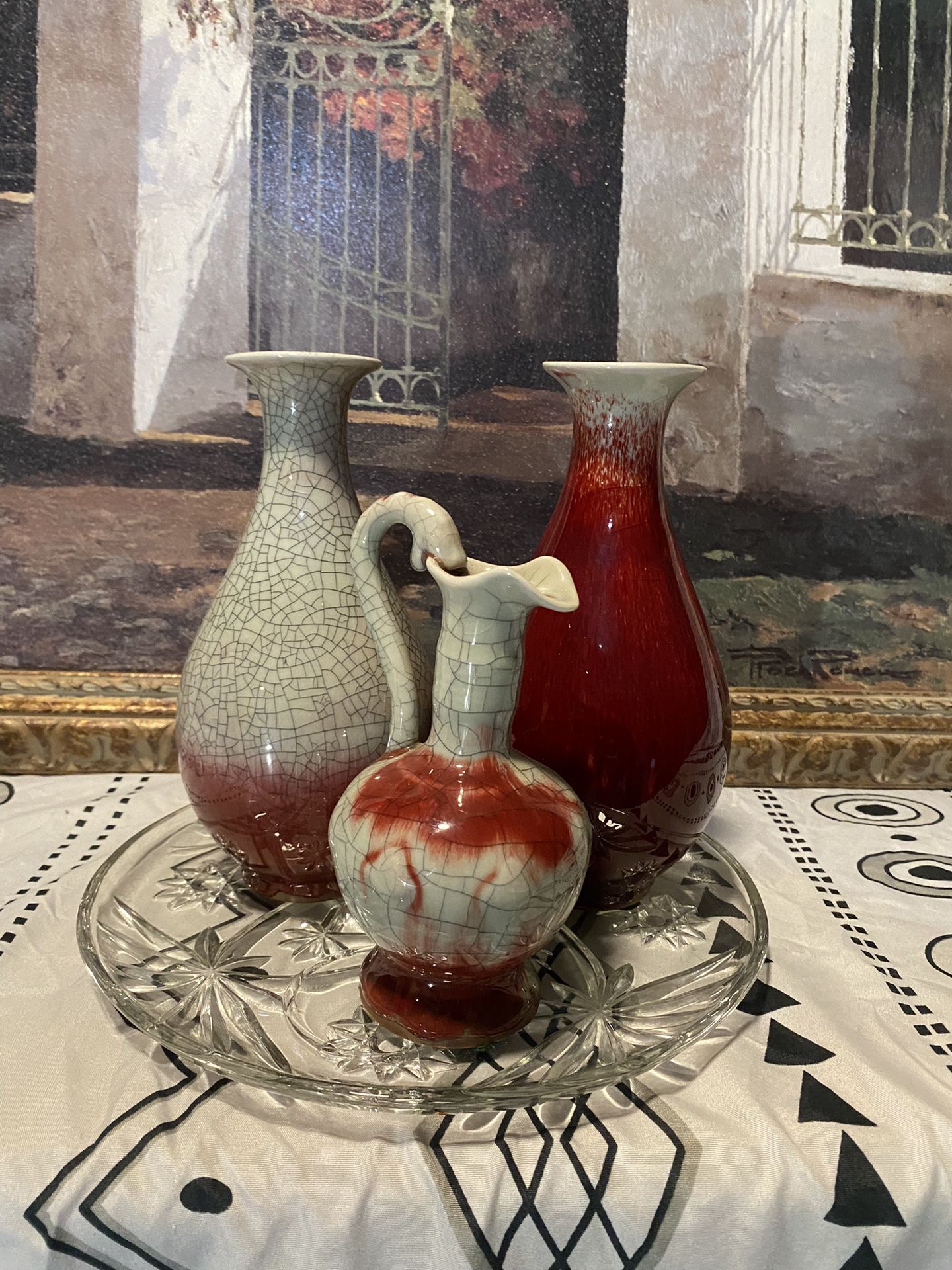 🏺⚱️🏺Asian , Chinese Antique Red Porcelain 3 Complect Vases , Original