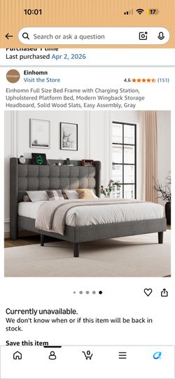 Modern Upholstered Full Size Bed Frame w/ Charging Station