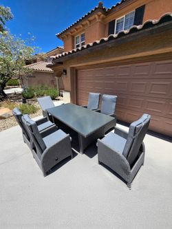 Brand New, Premium Reclining 7-Piece Gray Rattan Outdoor Patio Dining Set