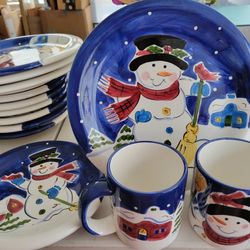 Vtg 15 Pc Mixed Potter & Smith Snowman/Winter Pattern Ceramic/Stoneware Plates & Mugs