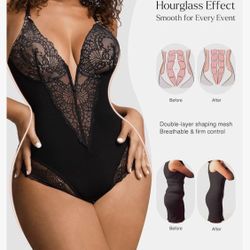 Popilush Lace Shapewear Bodysuit Tummy Control Corset Tops V Neck Sleeveless Backless Body Suit Thongs