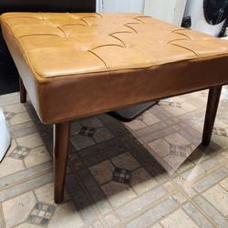 Alvar Mid-Century Tufted Square Leather Upholstered Ottoman in Tan
