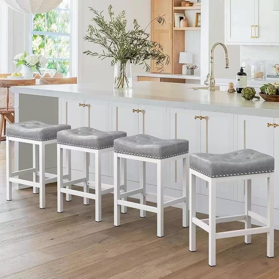Set of 4 Counter Height Bar Stools, 24 Inch Saddle Backless Barstools for Kitchen Counter, Faux Lea