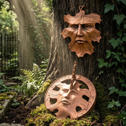 Vintage Carson Statesmetal "Green Man" Sundial & Leaf Plaque Set (1996)