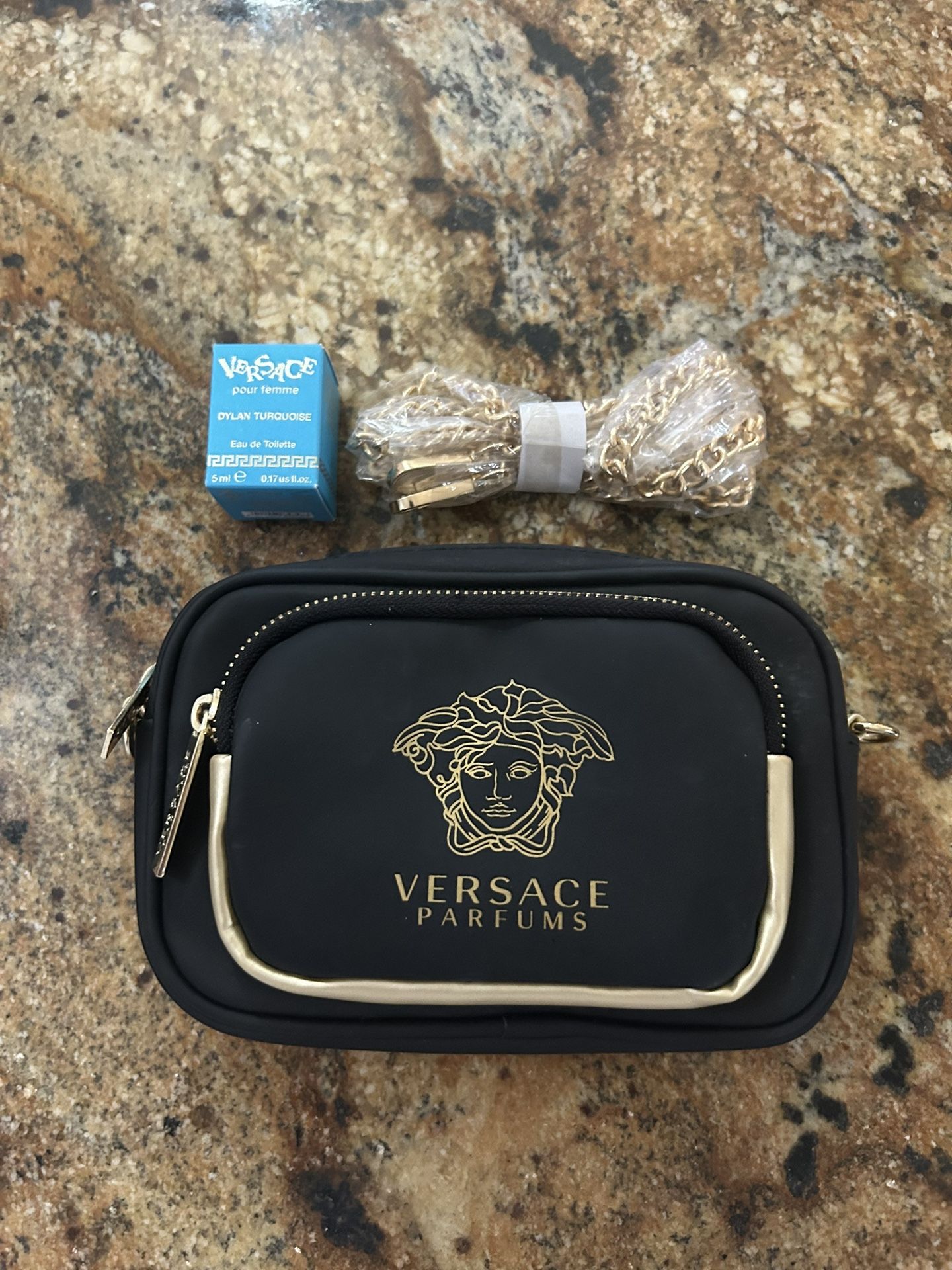 Versace Crossbody Gold Medusa logo Purse Clutch Shoulder Evening Bag + Mini Perfume 
