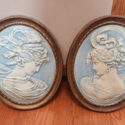 Vintage 1970s Chalkware right and left Cameo plaque wall hangings