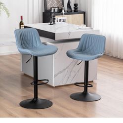 YOUTASTE Blue Bar Stools Set of 2 Adjustable Swivel Modern Barstools Luxury Upholstered Faux Leather Bar Stool Counter Height Metal Chairs with Back f