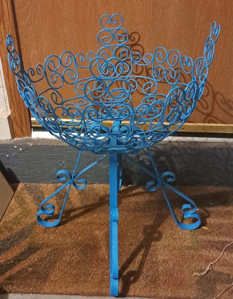 Vintage Pretty Blue Ornate Wrought Iron Plant Flowet Stand