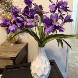 Beautiful White Glass Vase and Purple Artificial Flower Arrangement. About 25” Tall.   