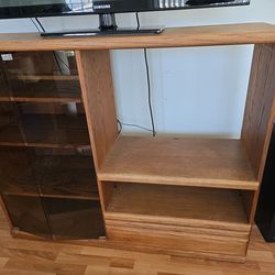 Vtg. Oak entertainment center with glass doors bookcase and TV stand combo