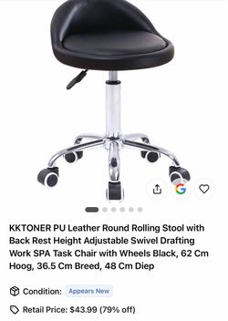 KKTONER Black PU Leather Rolling Stool with Back Rest