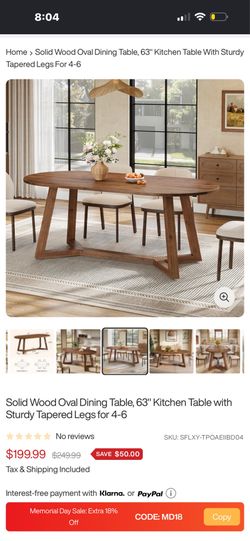 Solid Wood Oval Dining Table, 63" Kitchen Table with Sturdy Tapered Legs for 4-6