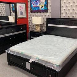 Regata Black /Silver Storage Platform Bedroom Set Queen Or King Set Bed, Dresser, Mirror, Nightstand, Chest 