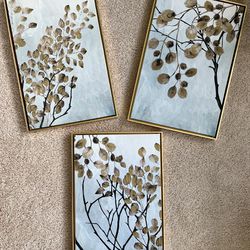 Set of 3 Gorgeous Shutterstock Gilded Gold Asian Leaf Home Wall Décor Hanging Art