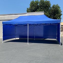 (NEW) $225 Heavy Duty 10x20 FT Canopy (with 4 Sidewalls) Ez Pop Up Outdoor Party Tent w/ Carry Bag (White/Blue)