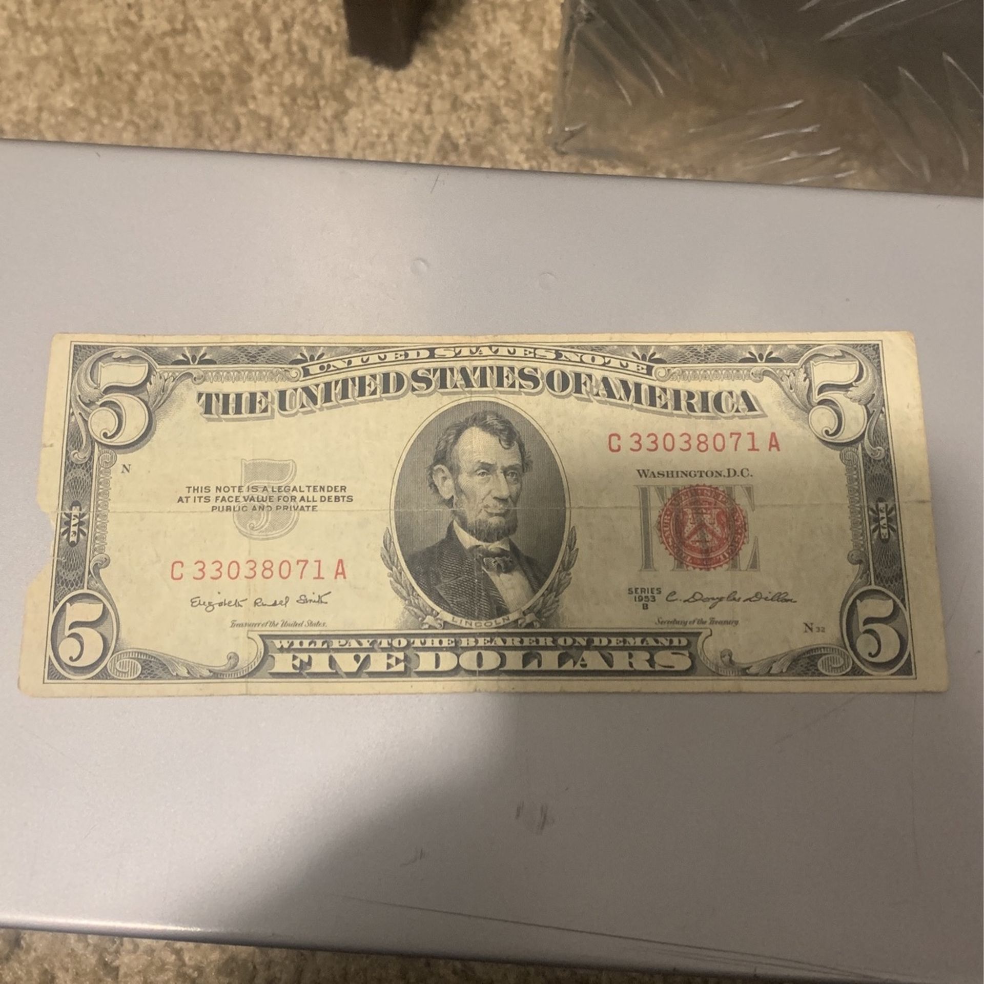 Red Stamp Five Dollar Bill 1953