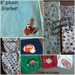 Baby Boy Sports Theme Blankets, Swaddles, Bibs, Diaper Cover, Burping Cloth
