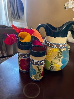 Mexican Terracotta Pitcher and Cups,  3 in 1 salsa bowl and handmade small leather bags