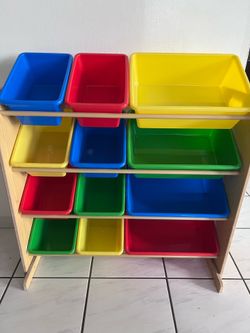 Kids Toy Storage Organizer With 12 Plastic Bins, Natural Wood With Bright Bins