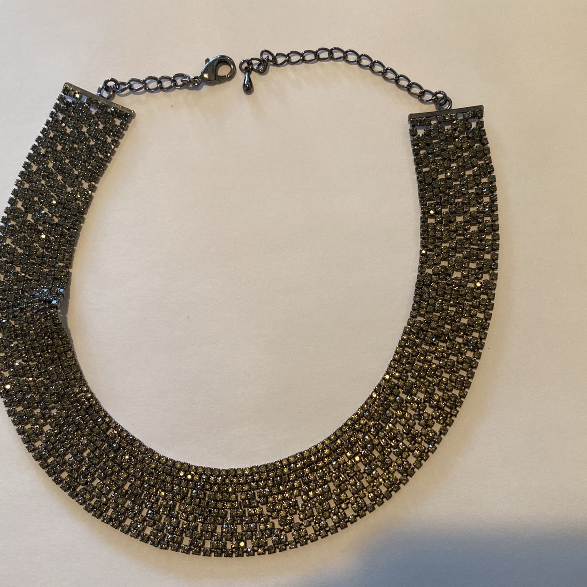 Vintage Costume Jewelry Silver Black Rhinestone Wide Necklace