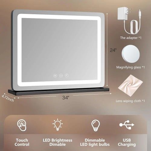 Makeup Vanity Mirror with USB Charging Port 32" X 24"  Large LED Makeup Mirror, Desk Mirorr with Lights, Light up Mirror , Dimmab