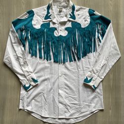 Vintage Barbara Shara Lubbock TX Western Rodeo Fringe Shirt Mens Medium