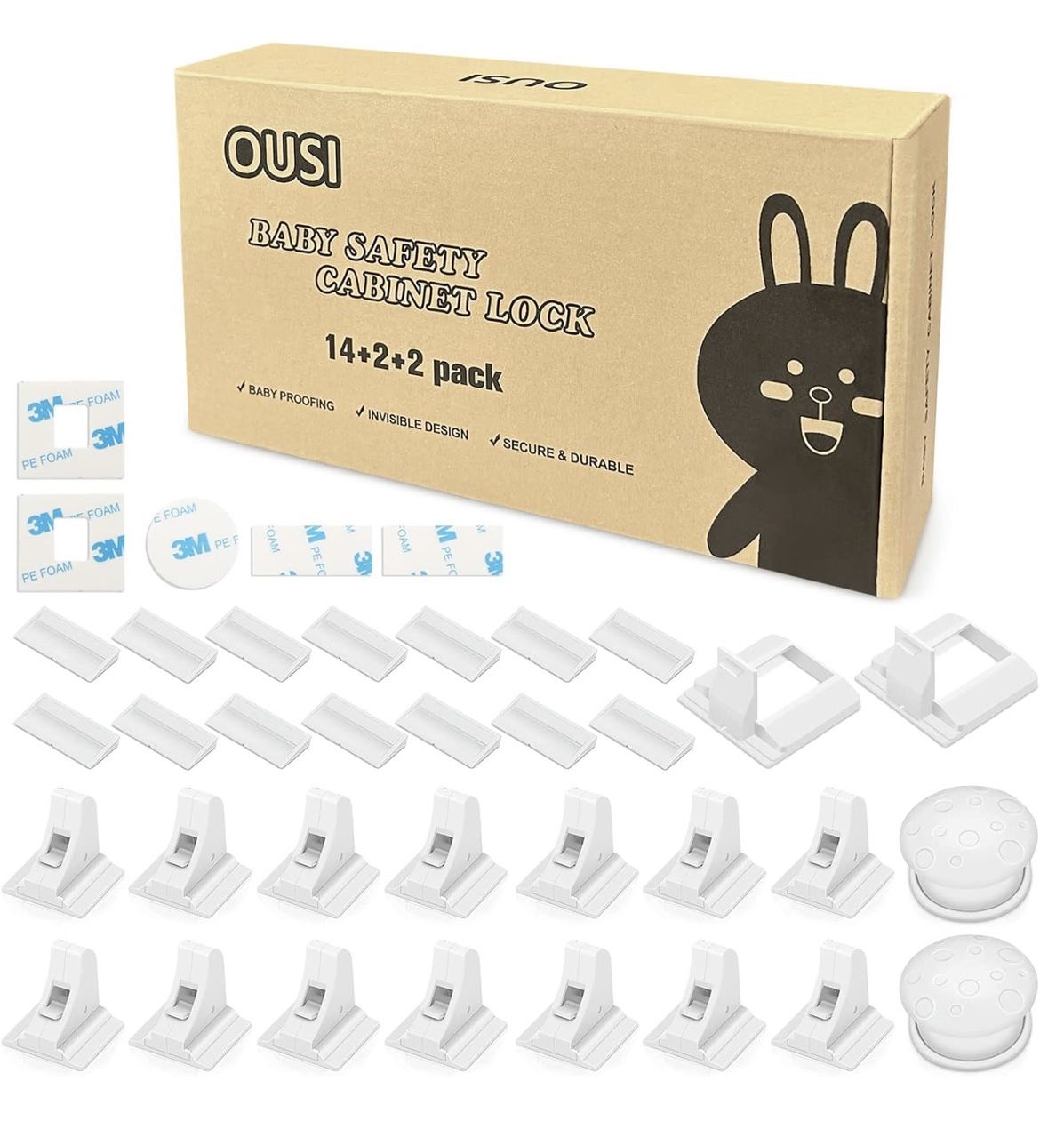 Cabinet Locks Child Safety Latches, OUSI 14+2+2 PACK Baby Proofing Cabinet Locks, Magnetic Cabinet Locks for Drawers and Cabinets - Adhesive Locks, No