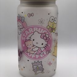 Hello Kitty Glass Cup With Bamboo Wood Cap New In Box