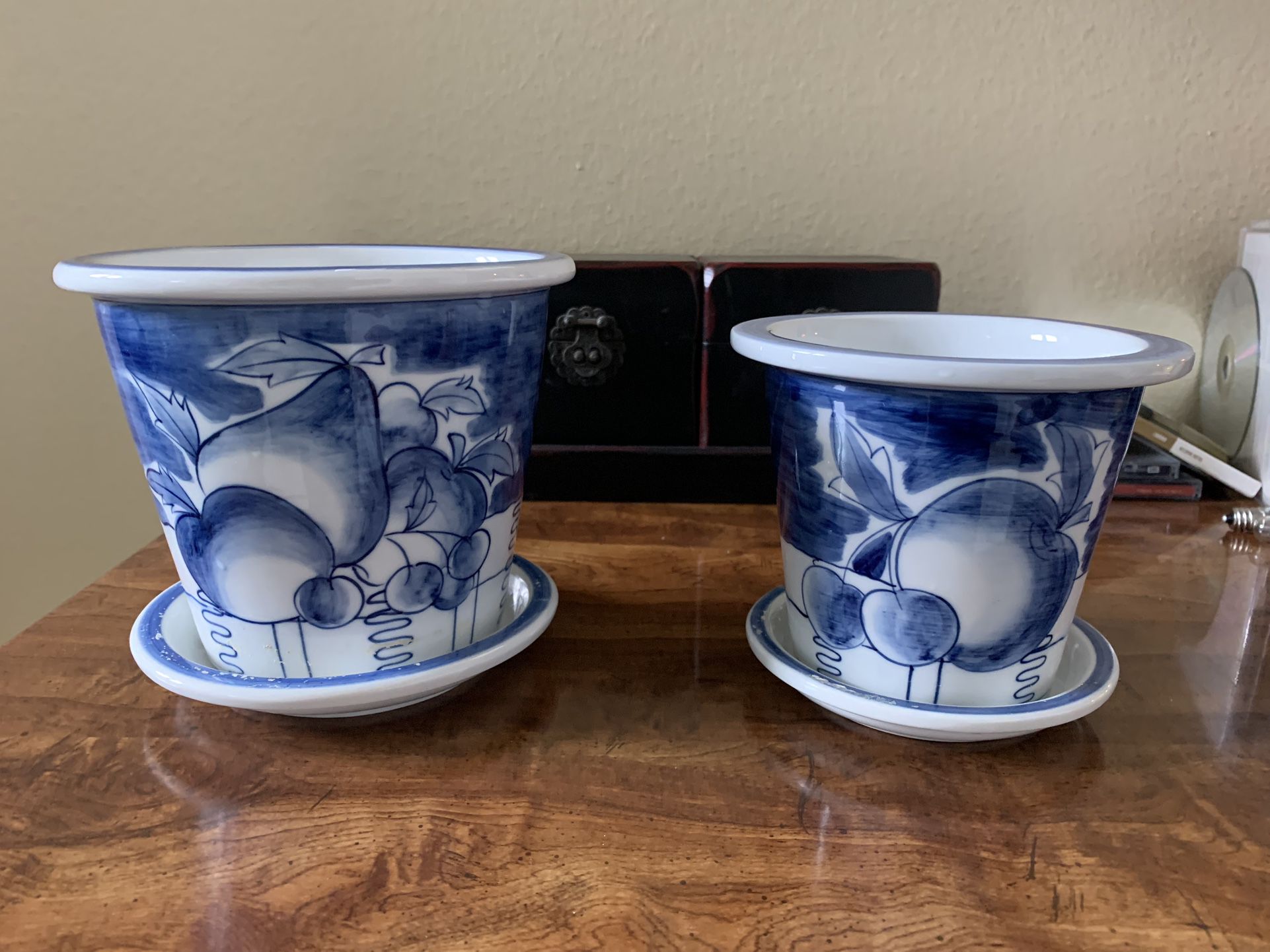 Pair Of Blue And White Plant Pots 
