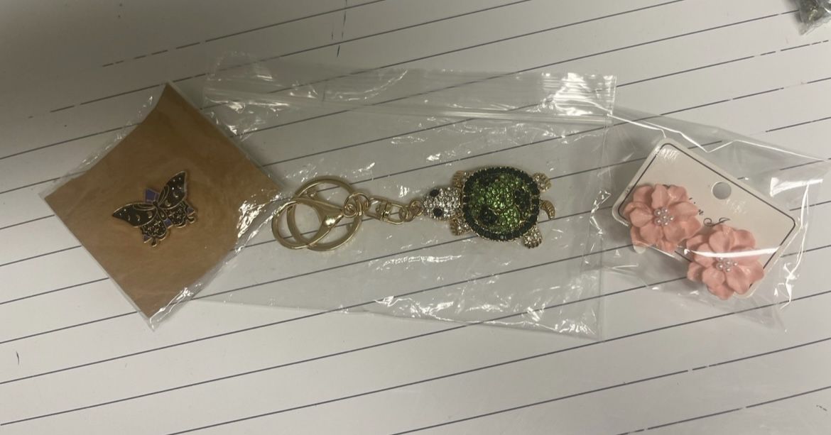 3 in 1 Turtle Keychain, Butterfly Brooch, Floral Earrings Set – NEW!