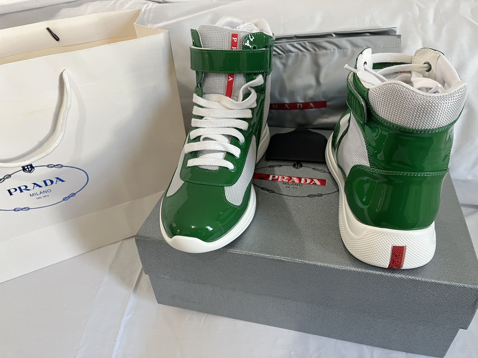 NEW Authentic PRADA America's Cup High-Top Patent Leather Green/White Sneakers (Size: Euro 44, US 10-11)