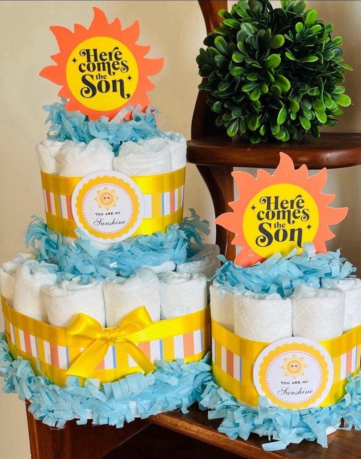 HERE COMES THE SON Sunshine baby shower diaper cakes