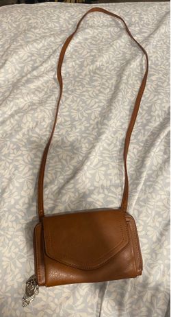 Brown leather crossbody bag with owl charm